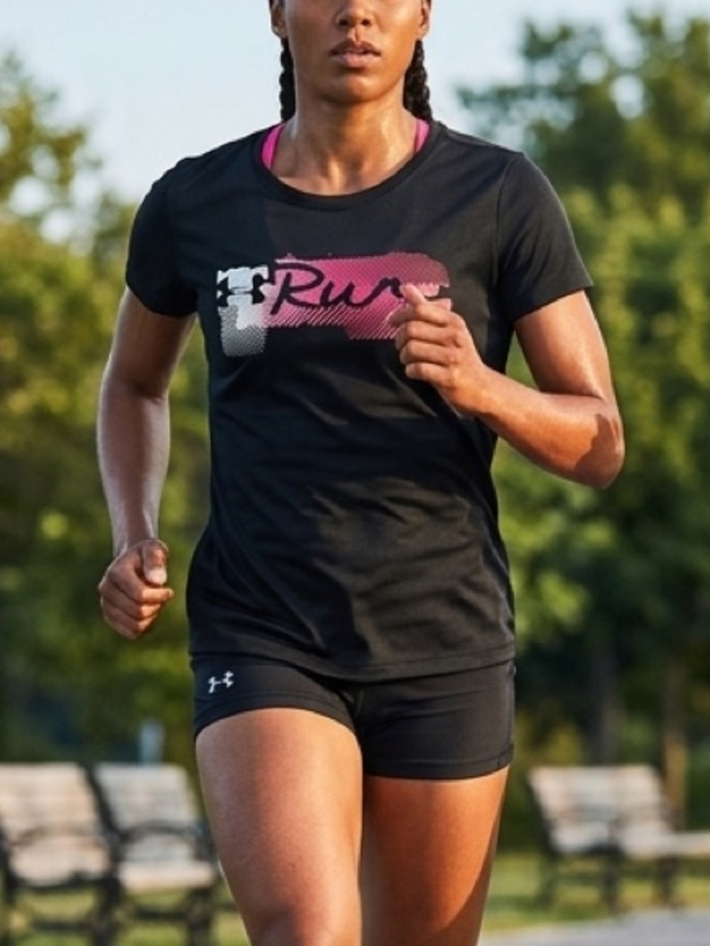 UA women's Black Short Sleeve Tee with Pink and White Graphic